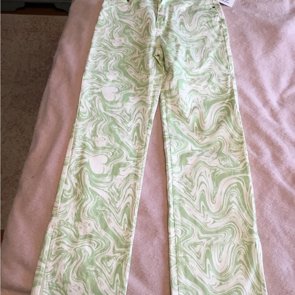 Guess Green and White Marble-Print Wide-Leg Jeans